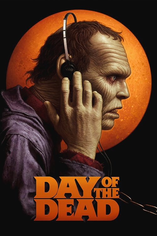 The poster features a man with a pale, ghostly face against a vibrant orange moon, wearing headphones and holding them to his ear. The dark background enhances the eerie mood, while the bold orange title "Day of the Dead" in the foreground adds a spooky, Halloween-inspired atmosphere.