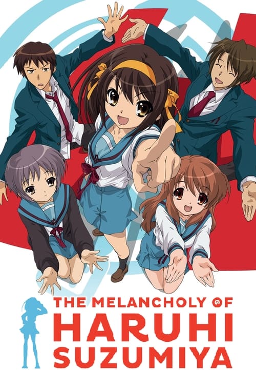 This anime poster features six characters in a dynamic composition, with vibrant red, blue, and white colors creating a lively atmosphere. The characters are dressed in school uniforms, exuding a sense of youthful energy and camaraderie. The overall mood is cheerful yet slightly melancholic, capt...
