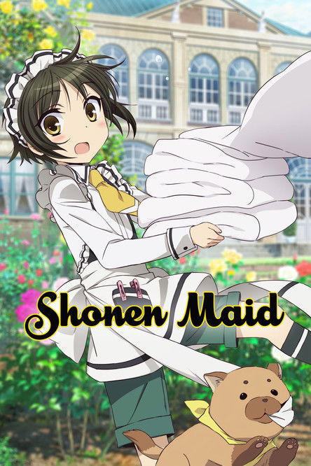 The poster features a young girl with dark hair and a white outfit, holding a large white handbag. She looks surprised, with a green hat and yellow bow. The background shows a sunny day with a large building and colorful flowers. The title "Shonen Maid" is written in playful, colorful letters. Th...