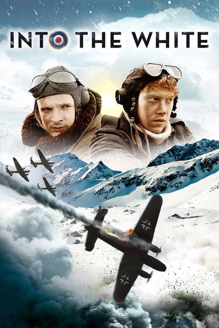The poster features two pilots in flight gear against a dramatic backdrop of snowy mountains and clouds. The title "Into the White" is prominently displayed at the top in bold, white letters. The overall mood is adventurous and epic, capturing the thrill of aerial exploration.