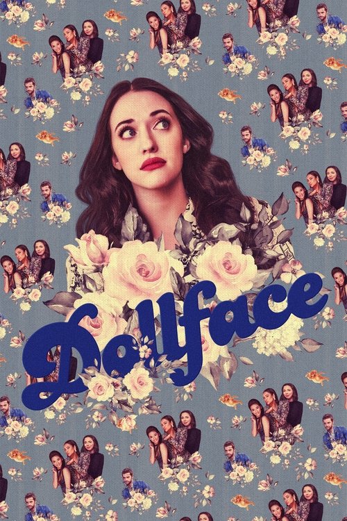 The poster features a woman with dark hair and red lipstick, surrounded by a pattern of small figures in various poses. The background is a soft blue with floral elements, creating a dreamy atmosphere. The title "Dollface" is written in a playful, cursive font in blue. The overall mood is whimsic...