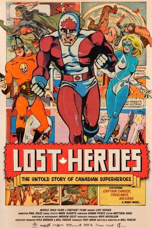 The poster features a dynamic scene with a red-and-white superhero in the center, surrounded by other characters in vibrant colors like orange, blue, and green. The bold red title "Lost Heroes" stands out against a busy background, evoking an adventurous and energetic mood.