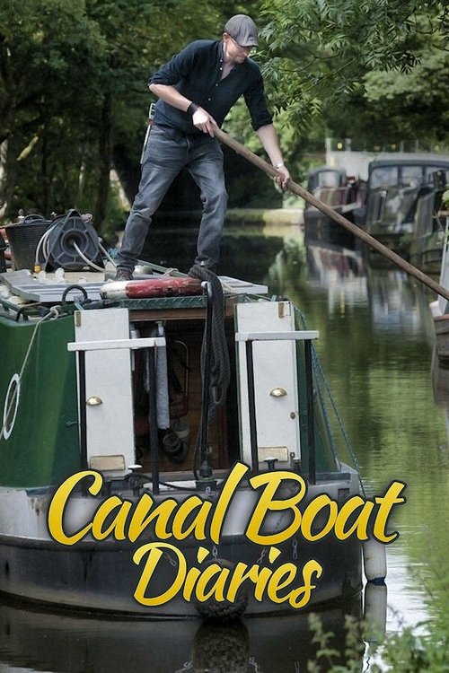 A man in a black shirt and jeans stands on a green canal boat, holding a long pole as he navigates through calm water. The scene is bathed in soft, natural light, with lush green trees in the background. The poster features bold yellow text overlaying the image, suggesting a travel or documentary...
