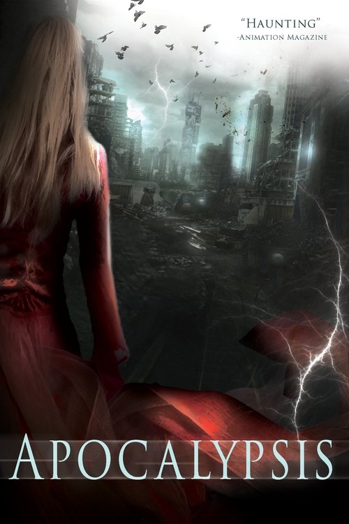 The poster features a lone figure with long blonde hair, viewed from behind, standing before a desolate, ruined cityscape. The scene is dominated by dark, ominous colors, with a dramatic lightning bolt illuminating the foreground. The mood is one of despair and impending doom, evoking a sense of ...