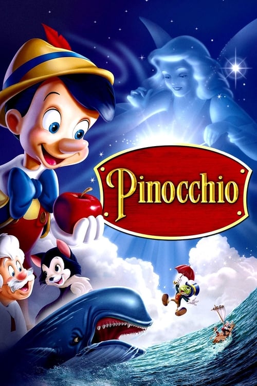 The poster features a cheerful Pinocchio with a blue bow tie, surrounded by other characters like Mickey Mouse and a dolphin. The vibrant red and blue colors evoke a magical, adventurous mood, suggesting a story of friendship and imagination.