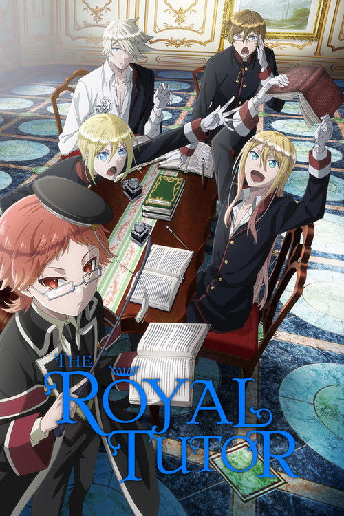 The poster features a group of animated characters in formal attire, including a man in a black suit and a woman in a white dress, seated around a table with books and papers. The scene exudes a scholarly and elegant atmosphere, with warm lighting and a rich color palette. The title "The Royal Tu...