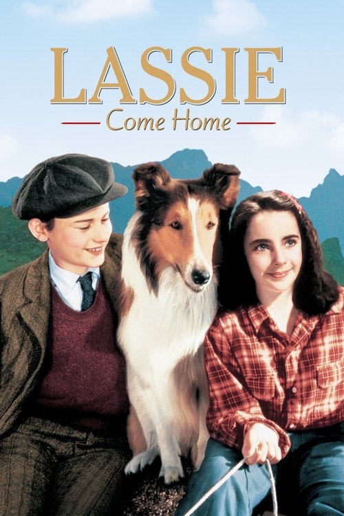 The poster features a charming scene with Lassie, a loyal dog, sitting between two children. The warm colors of the red and brown clothing evoke a cozy, nostalgic atmosphere. The overall mood is one of heartwarming family bonding, capturing the essence of a classic children's movie.