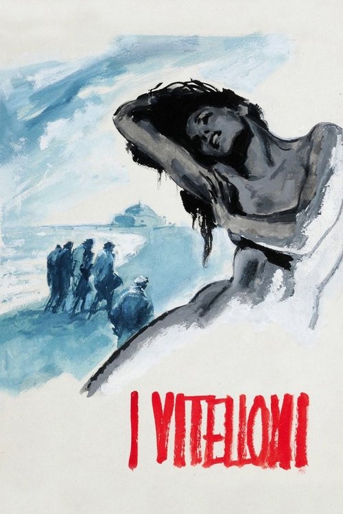 The poster features a dramatic, watercolor-style illustration of a woman reclining on a rocky shore, her gaze directed toward the horizon. In the background, silhouetted figures walk along the beach, evoking a sense of solitude and introspection. The bold red text "I VITELLI" anchors the composit...