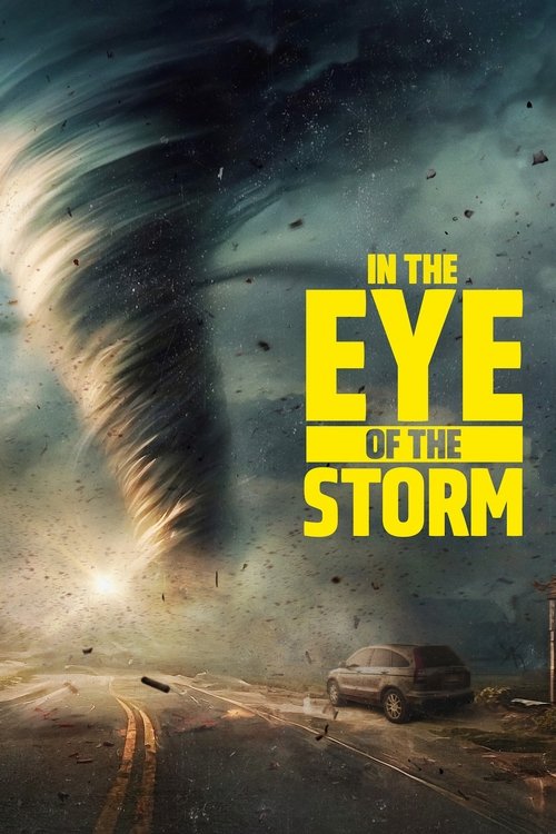 The poster depicts a dramatic scene with a tornado looming over a desolate road, where a car is parked near the edge. The sky is filled with swirling clouds and dark hues, while the ground is cracked and barren. The title "In the Eye of the Storm" is prominently displayed in bold yellow letters, ...