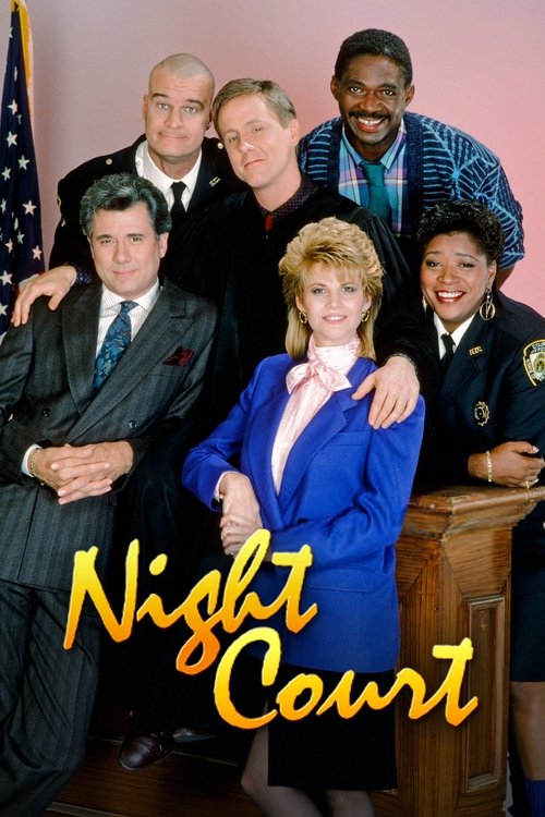This TV show poster features a group of seven characters in formal attire, exuding authority and professionalism. The warm lighting and rich colors create a dramatic atmosphere, suggesting a serious courtroom drama. The title "Night Court" is prominently displayed in bold, golden letters, emphasi...