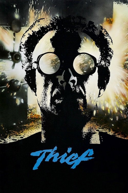 This movie poster features a menacing figure with goggles, exuding a dark, gritty atmosphere. The image uses a mix of black and white tones with vibrant yellow highlights, creating a mysterious and suspenseful mood. The title "Thief" is prominently displayed in blue script at the bottom.