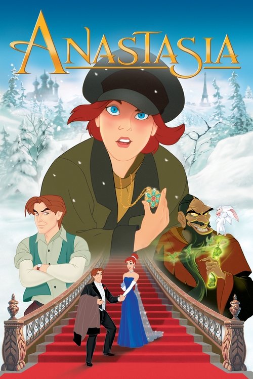 The poster features a dramatic scene with a large, ethereal figure in a black hat and green coat, surrounded by vibrant red and gold hues. Snowy trees and a red carpet staircase evoke a magical, romantic atmosphere. The title "ANASTASIA" glows in golden letters at the top, suggesting a fantasy tale.