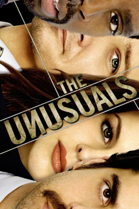 The poster features three close-up portraits of individuals with intense, expressive eyes, creating a dramatic and mysterious atmosphere. The warm golden tones of the text "THE UNUSUALS" contrast with the cool skin tones, emphasizing the show's unique and unconventional theme.