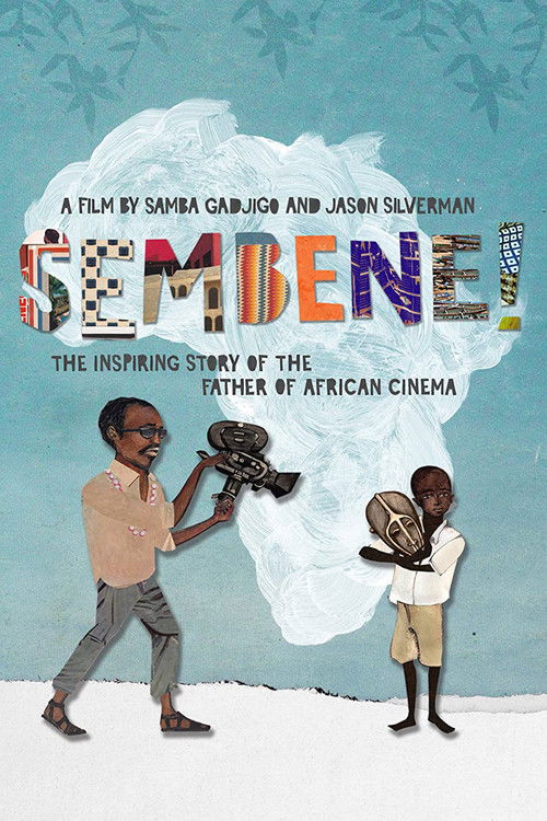 This vibrant poster features two animated characters, one holding a camera and the other a camera lens, set against a dreamy blue sky. The film's title, "Sembene!" is prominently displayed in colorful, playful letters. The overall mood is whimsical and nostalgic, capturing the essence of African ...