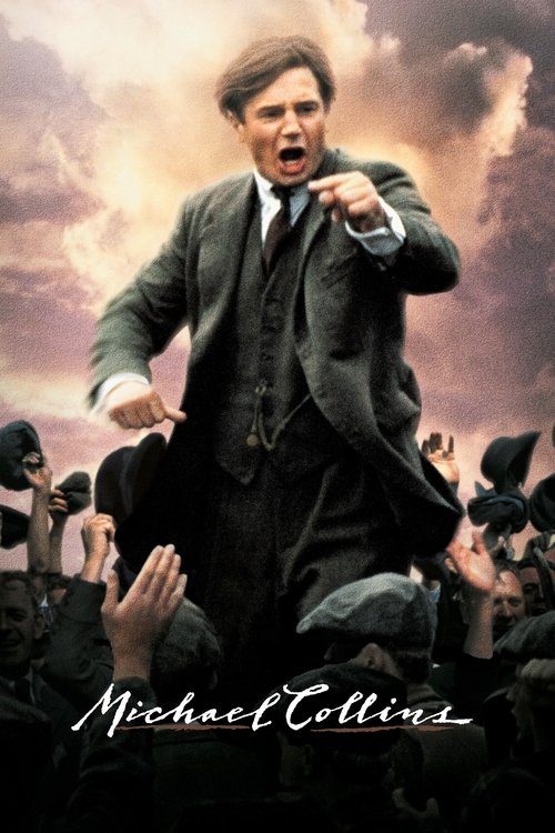 This movie poster features Michael Collins in a dramatic pose against a stormy sky, surrounded by a crowd of people with raised hands. The dark tones and dramatic lighting create a tense and mysterious atmosphere, suggesting a thrilling action or thriller.