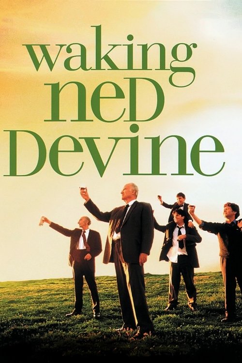 The poster features a group of people in business attire against a warm, golden sunset backdrop, symbolizing a team united in purpose. The title "Waking Ned Devine" is prominently displayed in bold green letters, suggesting a narrative of awakening and determination. The overall mood is one of op...