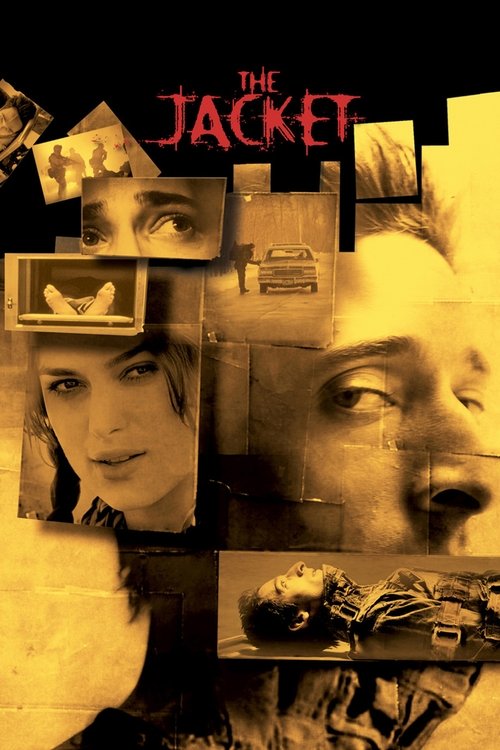 The poster features a collage of faces and objects in sepia tones, evoking a noir atmosphere. The title "The Jacket" is prominently displayed in red, with additional imagery suggesting themes of mystery and intrigue.