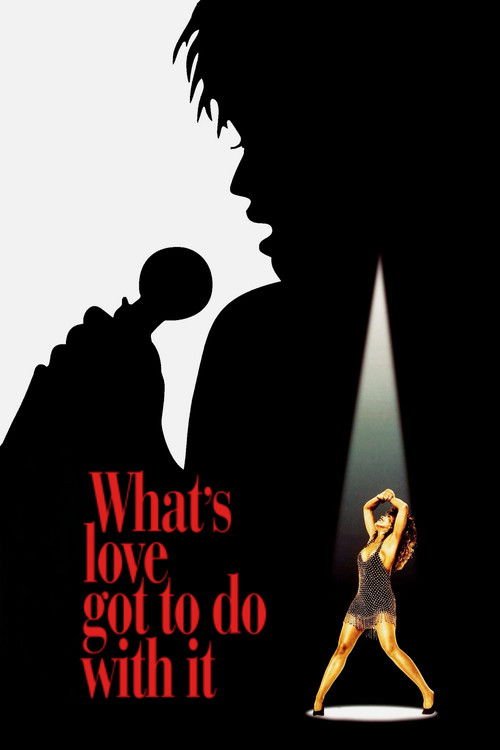 The poster features a silhouette of a man in a suit against a stark white background, with a spotlight shining down on a woman in a bikini. The red text reads "What's Love Got to Do with It," evoking a mysterious and romantic atmosphere.