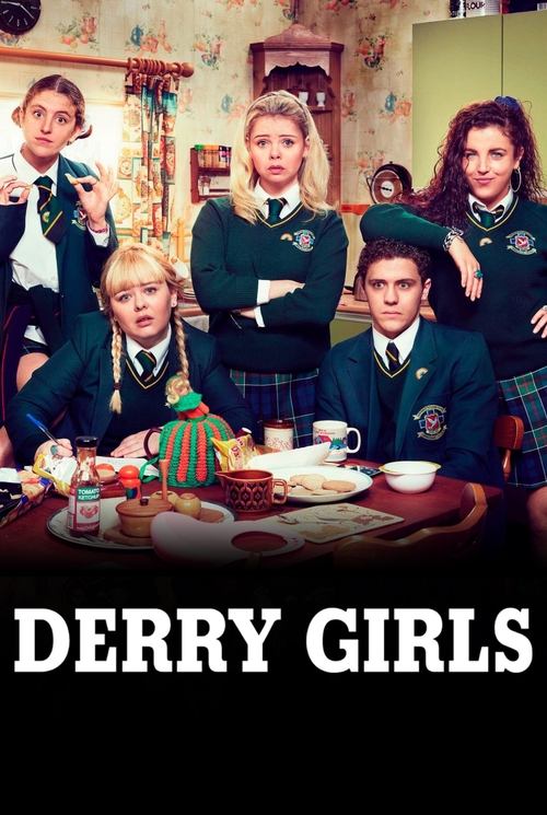 This vintage TV poster features six young girls in uniform, standing behind a table laden with tea and snacks. The warm, nostalgic colors evoke a sense of childhood joy and camaraderie, capturing the essence of the beloved Irish comedy.