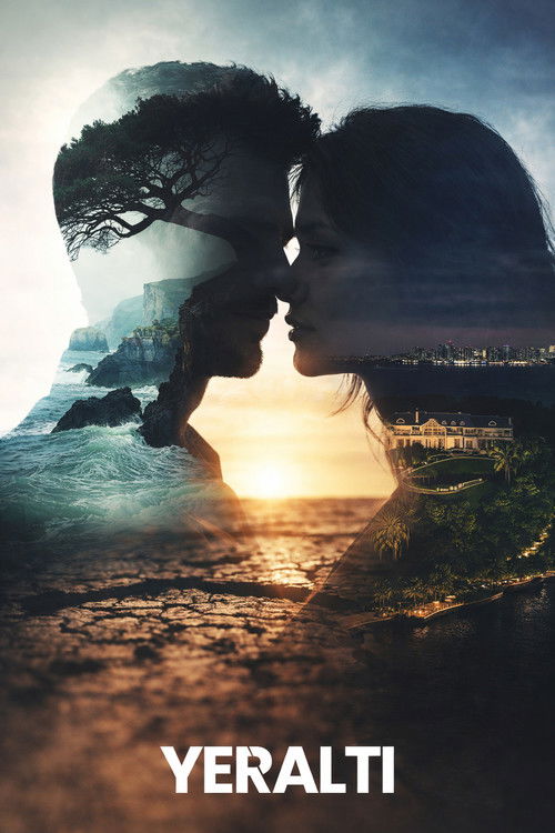 The poster features silhouetted figures of two lovers embracing against a dramatic sunset, with the title "YERALTI" prominently displayed. The warm, golden hues of the setting sun create a romantic and melancholic atmosphere, evoking themes of deep connection and emotional intensity.