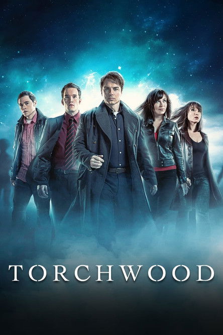The poster features six characters in dark, mysterious suits against a starry, cosmic blue background. The mood is eerie and suspenseful, with the title "Torchwood" prominently displayed at the bottom.