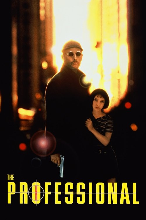 The poster features a dramatic scene with a man in a trench coat and sunglasses standing in front of a fiery, golden background, while a woman in a striped dress stands behind him. The warm, intense lighting creates a tense atmosphere, emphasizing the gritty and professional nature of the film.