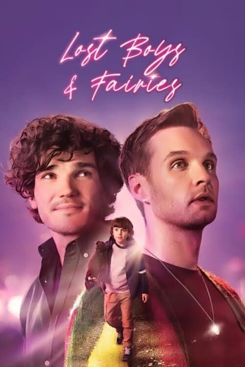 The poster features two young men with dreamy expressions against a vibrant purple and pink gradient background. Behind them, a third figure in a colorful outfit adds depth to the scene. The overall mood is whimsical and magical, capturing the essence of a fantasy adventure.