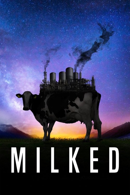 The poster features a silhouette of a cow standing atop a factory, with smoke rising from its chimneys against a starry sky. The colors transition from deep blue to warm sunset hues, creating a surreal and dreamlike atmosphere. The title "MILKED" appears in bold white letters at the bottom, empha...
