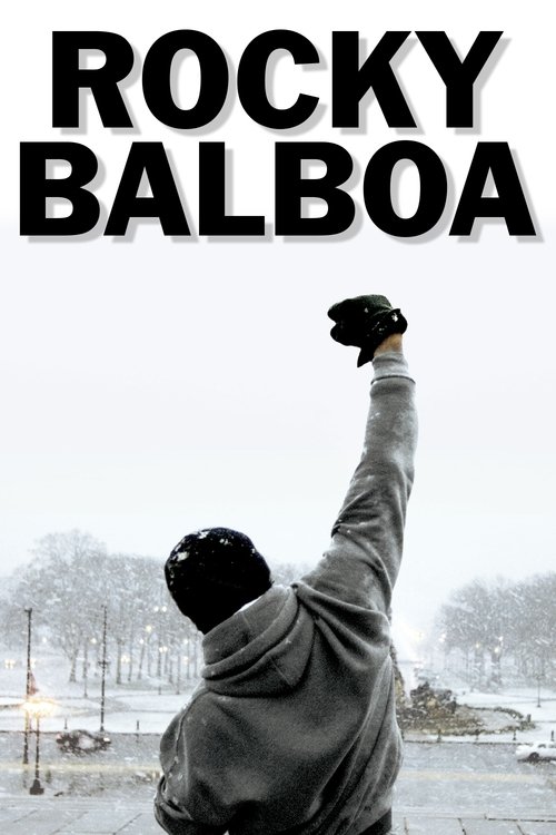 The poster features a silhouette of Rocky Balboa in a gray hoodie, raising his gloved hand against a snowy backdrop. The muted tones and stark white background evoke a gritty, determined mood, emphasizing the film's action and resilience.