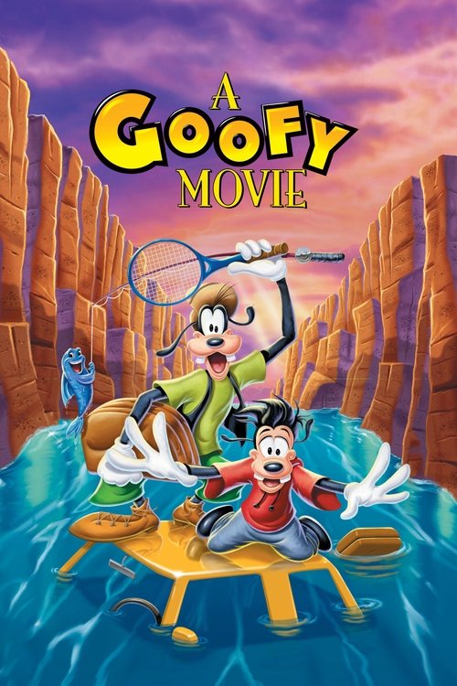 A Goofy Movie poster features Mickey Mouse and Goofy in a whimsical underwater scene. The vibrant purple sky and colorful coral cliffs create a magical atmosphere. The playful characters and dynamic composition evoke a sense of fun and adventure.