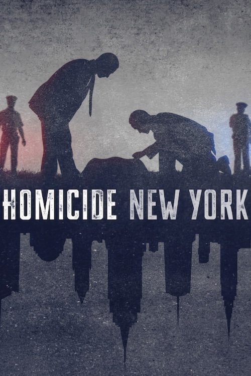 The poster depicts a somber scene with silhouetted figures against a muted, rain-slicked background. The title "HOMICIDE NEW YORK" is prominently displayed in bold white letters, evoking a sense of tragedy and mystery. The overall atmosphere is dark and moody, suggesting a gripping crime drama wi...