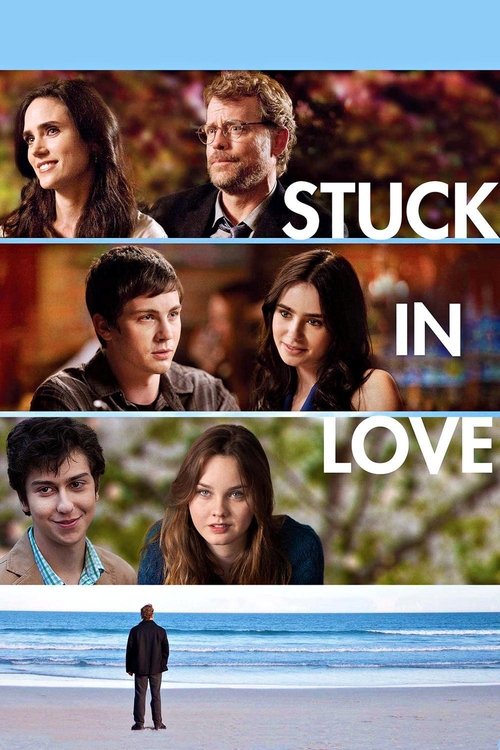 The poster features four young people in a collage style, with the title "STUCK IN LOVE" prominently displayed. The colors are vibrant, with warm tones like oranges and reds creating a nostalgic atmosphere. The bottom image shows a lone figure standing on a beach, evoking a sense of longing and c...