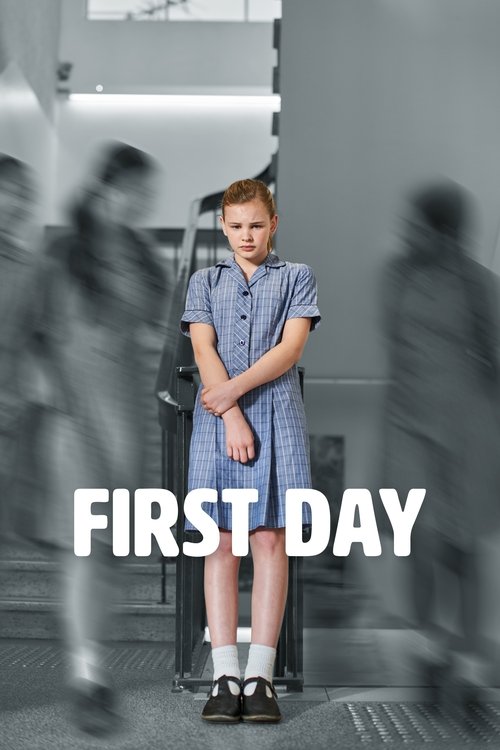 The poster features a young boy in a blue dress standing solemnly, surrounded by blurred figures suggesting movement and transition. The muted tones and soft lighting evoke a sense of introspection and quiet anticipation, capturing the essence of a new chapter in life.