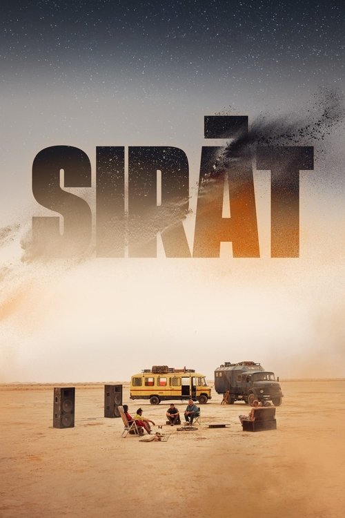 The poster features a vast, golden desert landscape with a lone figure sitting on a bench, evoking a sense of isolation and solitude. The title "Sirāt" is prominently displayed in bold, dark letters against the sky, suggesting a journey or adventure. The muted colors and minimalistic composition ...