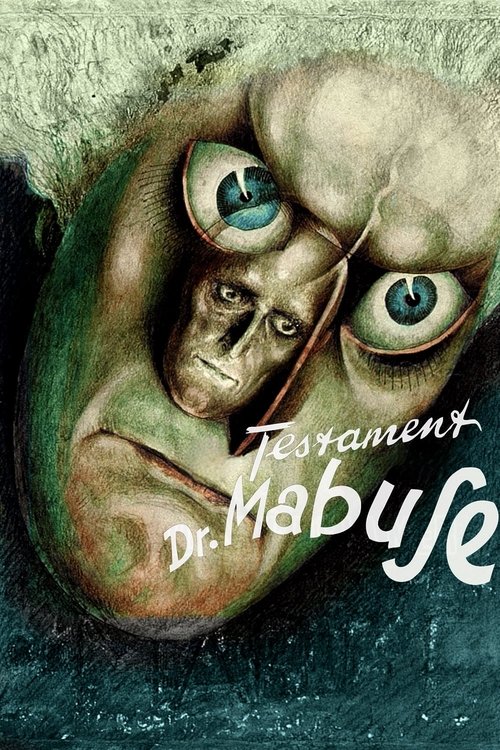 The poster features a grotesque, distorted face with multiple eyes, evoking a sense of horror and mystery. The muted green and brown tones create a somber atmosphere, while the title "The Testament of Dr. Mabuse" is written in an eerie, gothic style.