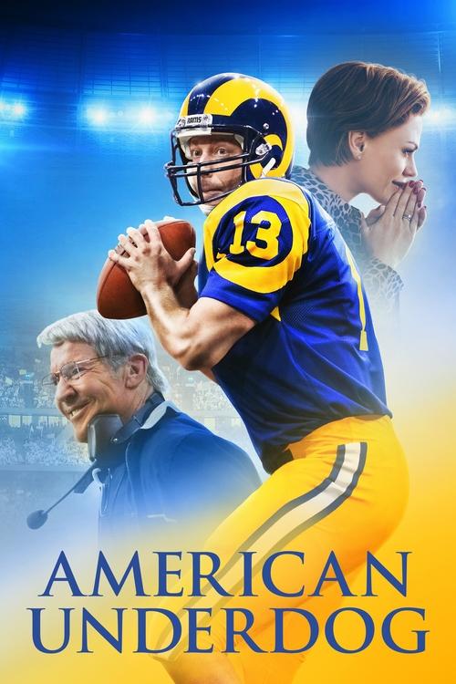 The poster features a football player in a blue and yellow uniform with the number 13, holding a football against a vibrant blue background. An older man in a suit watches intently, while a younger boy looks up with a thoughtful expression. The title "American Underdog" is prominently displayed a...