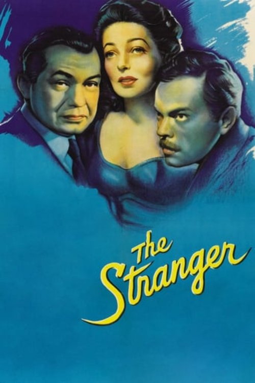 The poster features three characters in dramatic poses against a deep blue background, conveying mystery and intrigue. The title "The Stranger" is elegantly written in golden script, hinting at a suspenseful narrative.