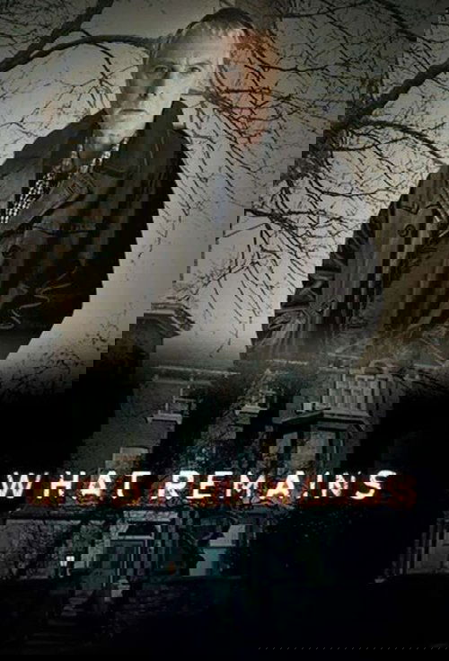 The poster features a somber, eerie scene with a man standing before a dilapidated house, surrounded by bare trees. The muted, desaturated colors and the ominous atmosphere convey a sense of dread and mystery, hinting at a supernatural or horror theme.