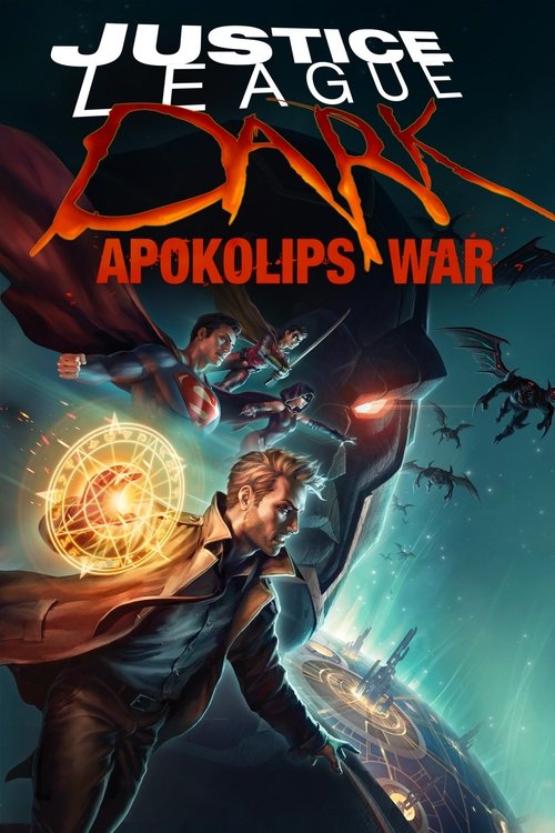 This movie poster for "Justice League Dark: Apokolips War" features a dramatic scene with Superman and Batman in mid-action, surrounded by dark, ominous colors like deep blues and blacks. The title "Justice League Dark" is prominently displayed in bold, fiery red and orange lettering, emphasizing...