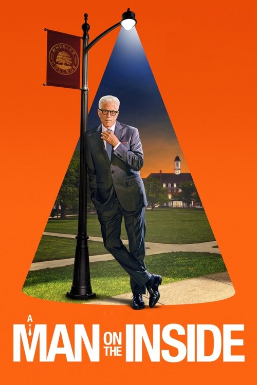 The poster features a man in a suit standing under a spotlight against an orange background, creating a dramatic and mysterious atmosphere. The scene is framed within a large triangular shape, emphasizing the central figure and adding depth to the composition.