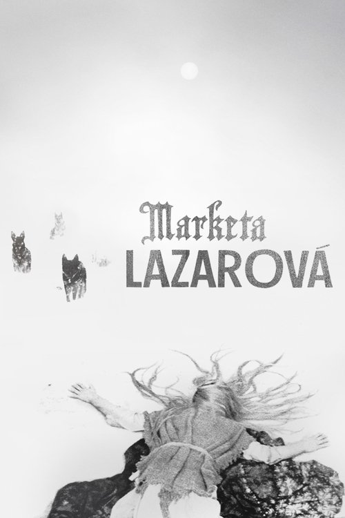 This minimalist poster features a lone figure with outstretched arms against a stark white background, evoking a sense of solitude and introspection. The title "Marketa Lazarova" is elegantly centered, with a faint silhouette of a horse in the upper left corner. The monochromatic palette enhances...