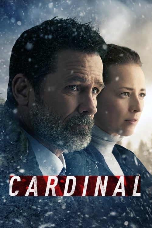 The poster features a dramatic, snowy scene with two men in formal attire, exuding an air of solemnity and mystery. The muted tones of blue and white evoke a cold, wintry atmosphere, while the bold red text "CARDINAL" stands out against the backdrop, hinting at the show's serious and dramatic tone.