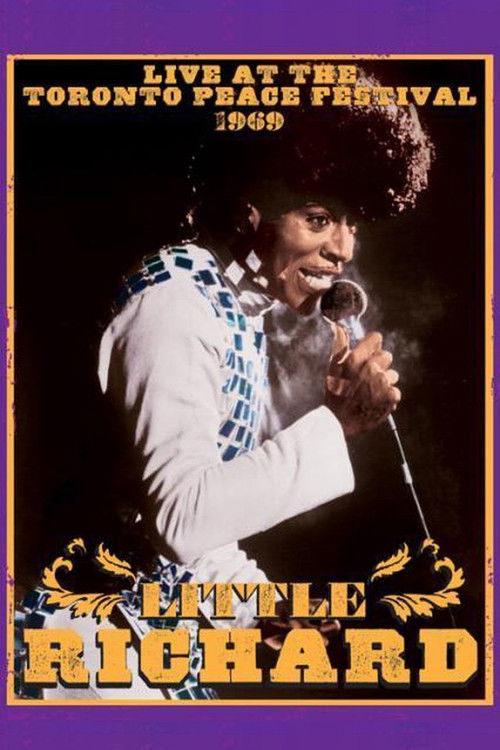 The poster features Little Richard in a vibrant purple and gold frame, holding a microphone with a confident expression. The bold text announces his performance at the Toronto Peace Festival in 1989, emphasizing his iconic stage presence and musical legacy.