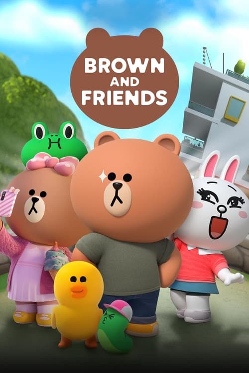 This vibrant TV poster features four anthropomorphic animal characters—brown bears, green frogs, yellow duck, and white rabbit—standing together in a cheerful outdoor setting. The warm orange and green hues create a friendly, inviting atmosphere, while the playful expressions and colorful costume...