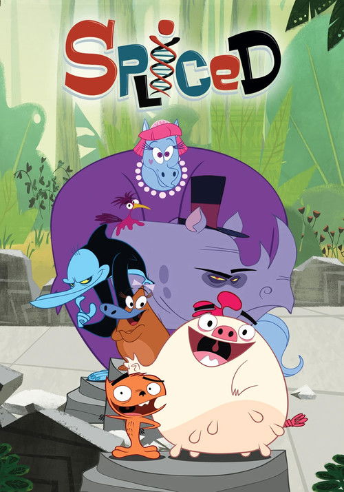 The poster features a group of colorful, anthropomorphic animals in a playful, cartoonish setting. The vibrant purple background with green foliage adds a lively atmosphere, while the whimsical characters exude a sense of fun and creativity.