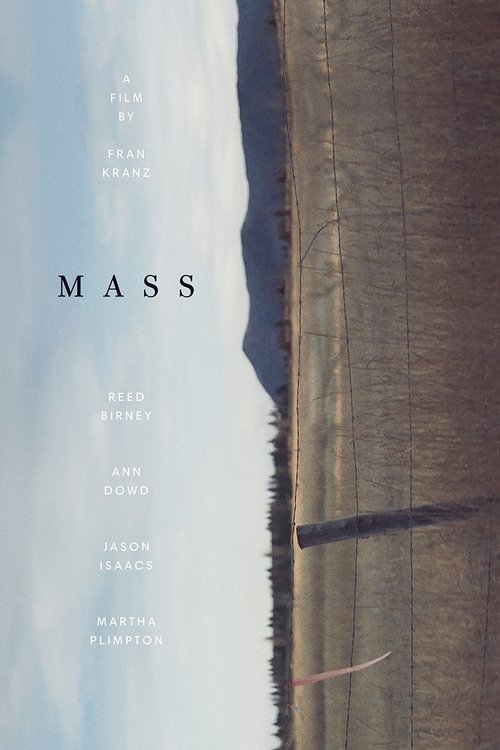 The poster features a striking vertical split: a serene, pale blue sky on the left and a textured, earthy landscape on the right. The title "MASS" is prominently displayed in bold, uppercase letters, evoking a sense of overwhelming force and emotional intensity. The minimalist design and muted co...