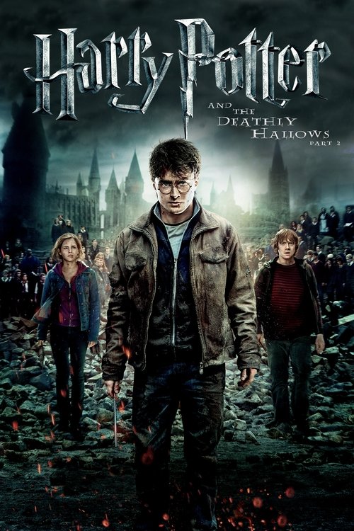 The poster features a central figure in a leather jacket, flanked by two young witches and a boy, all standing on a dark, cobblestone street. The background shows a spooky castle under a stormy sky, with ominous red lights scattered across the ground. The overall mood is eerie and mysterious, cap...