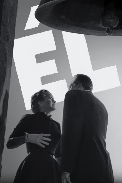 A dramatic black-and-white poster featuring a couple in silhouette against a backdrop of bold typography. The mood is mysterious and cinematic, with the large "ÉL" letters creating a striking visual contrast.