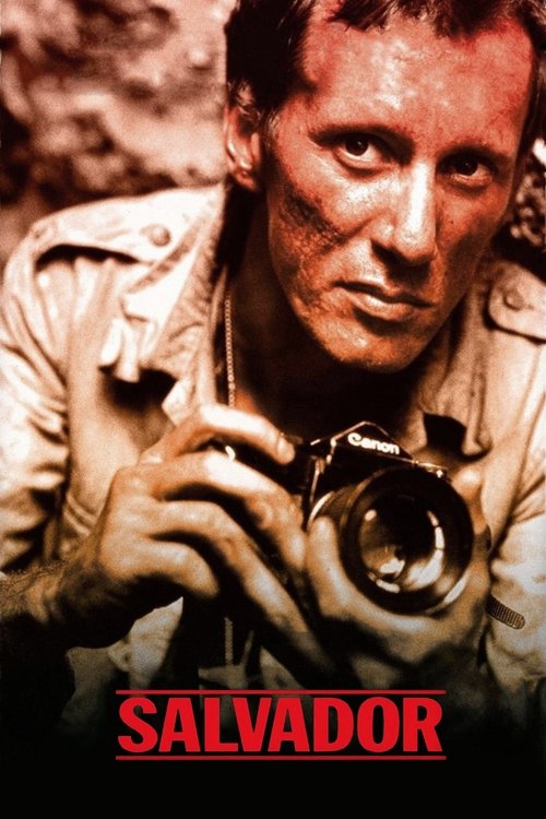The poster features a rugged man in a tattered, dusty uniform, holding a vintage camera with a serious, intense expression. The sepia-toned, gritty atmosphere conveys a sense of adventure and mystery. The bold red "SALVADOR" text anchors the image, emphasizing the film's title.