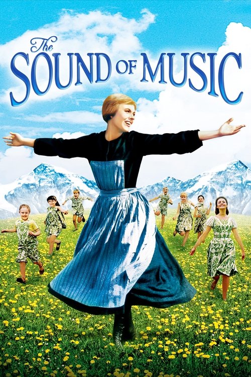 This movie poster captures the joyful spirit of "The Sound of Music" with a central woman in a blue dress dancing in a field of yellow flowers, surrounded by children in colorful costumes. The bright blue sky and white clouds create a cheerful atmosphere, while the lush green grass and distant mo...